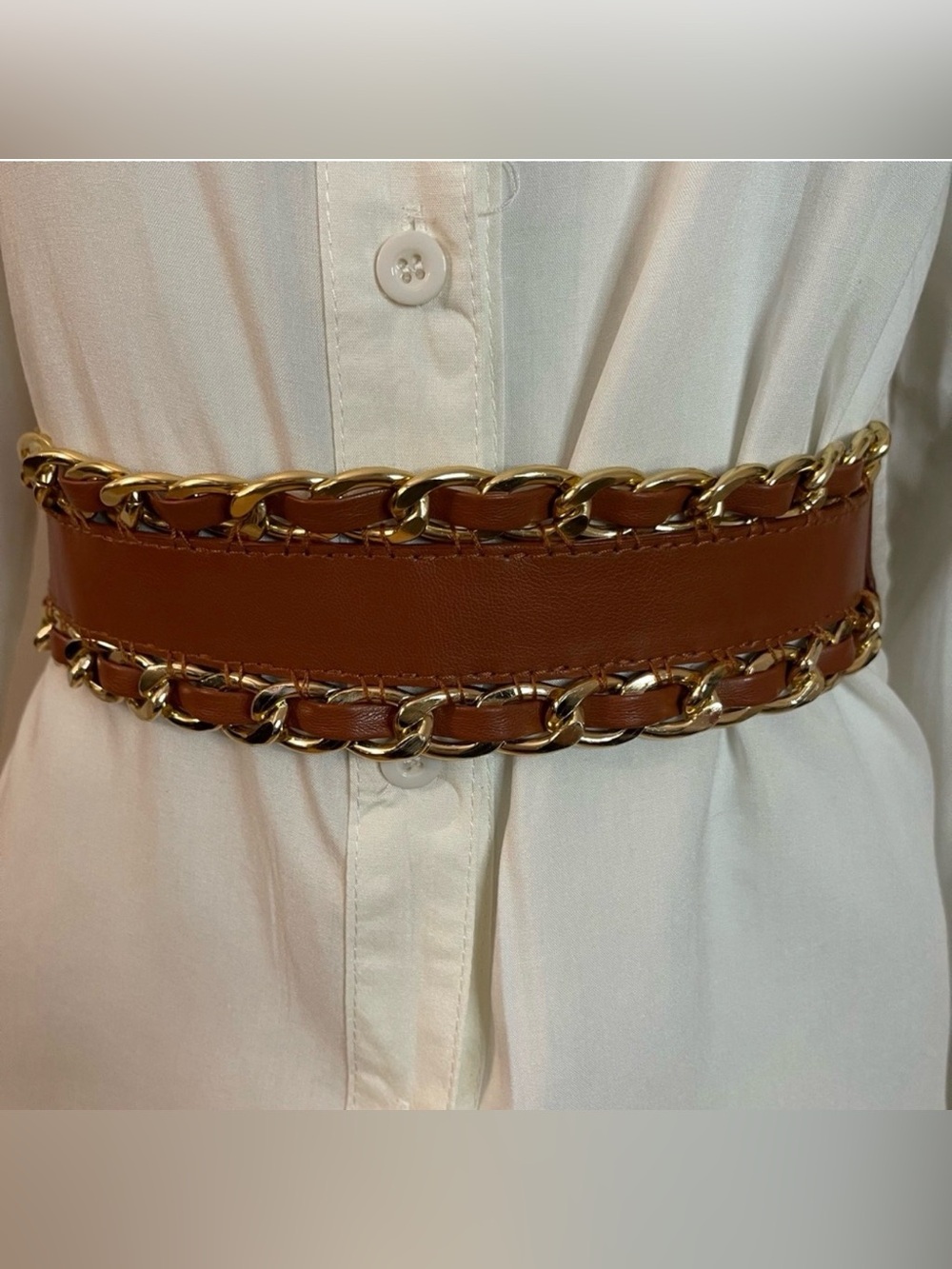 Brown PU leather elastic waistband gold tone braided chain belt